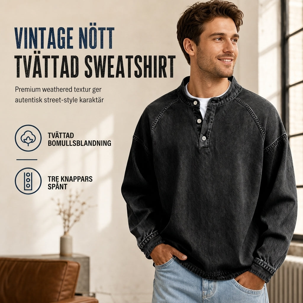 Herrtröja med knappslå, tvättad look och ledig passform