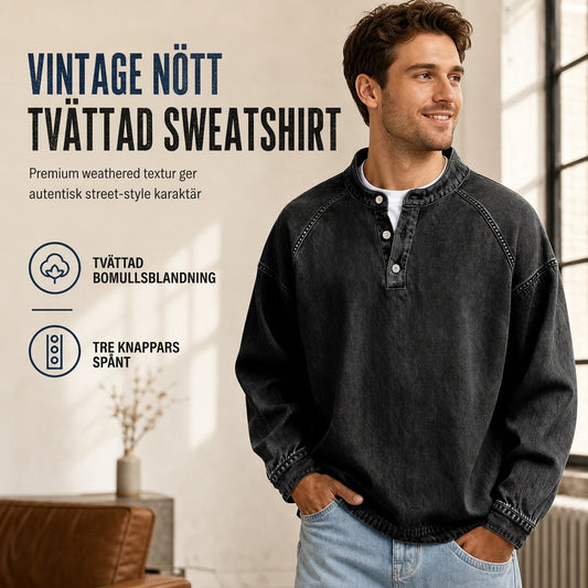 Herrtröja med knappslå, tvättad look och ledig passform