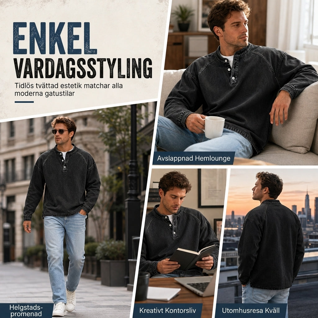 Herrtröja med knappslå, tvättad look och ledig passform
