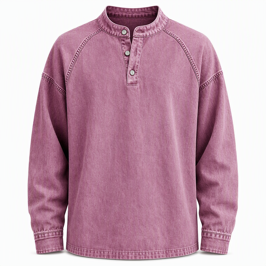 Herrtröja med knappslå, tvättad look och ledig passform
